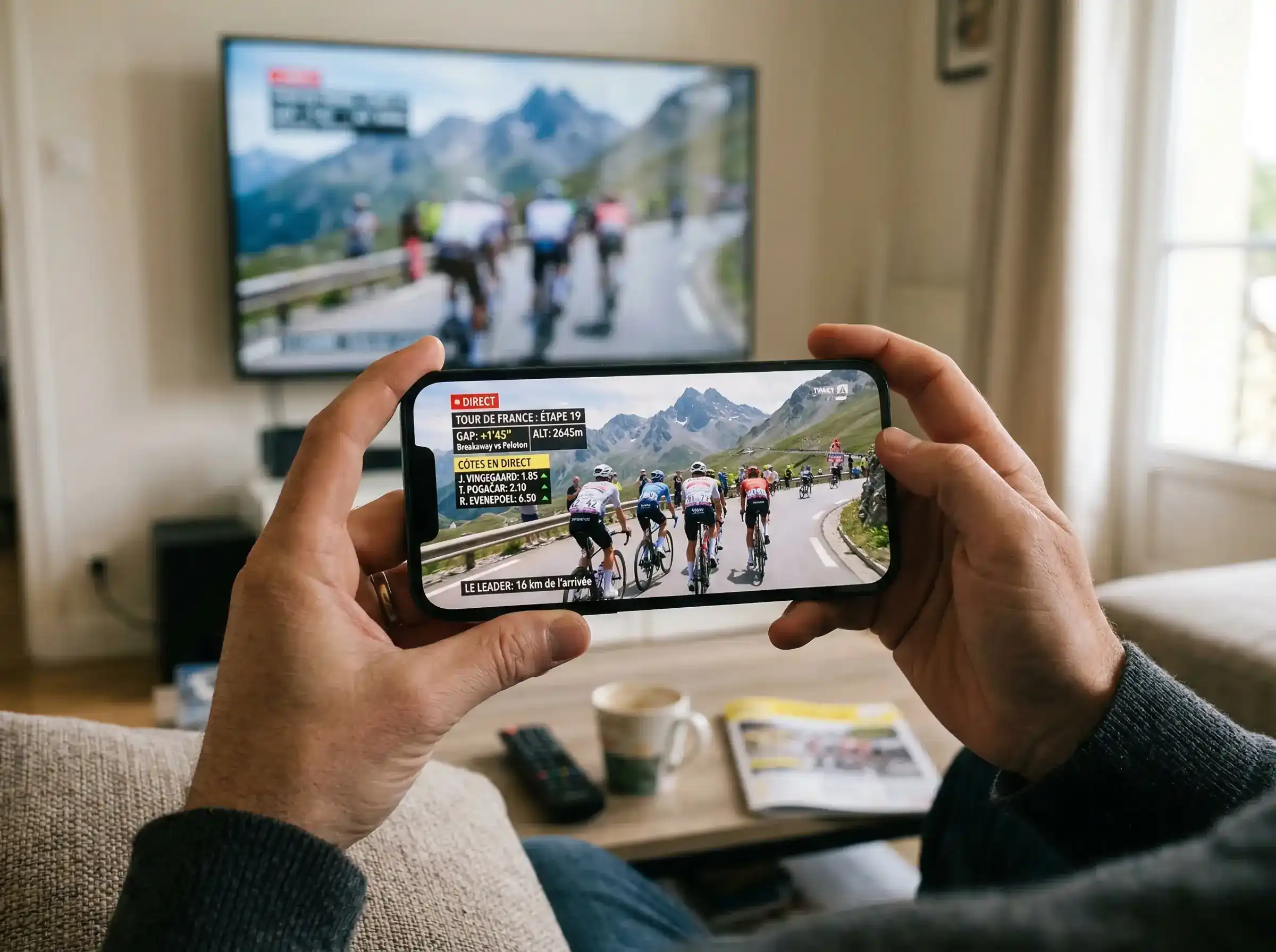 Persona siguiendo una etapa de ciclismo en el movil con notificaciones de apuestas en directo