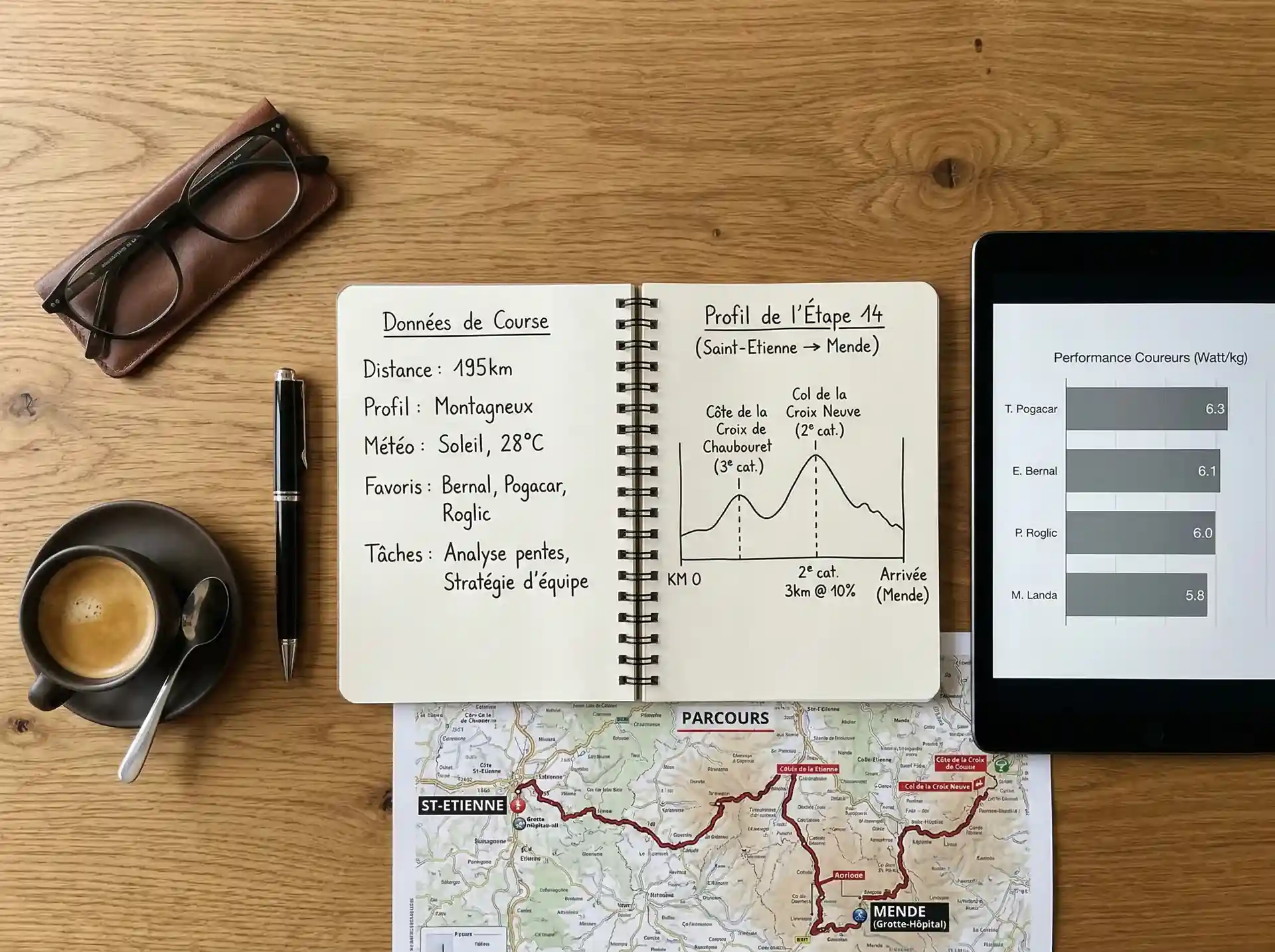 Cuaderno de notas con analisis de etapas ciclistas y graficos de rendimiento de corredores