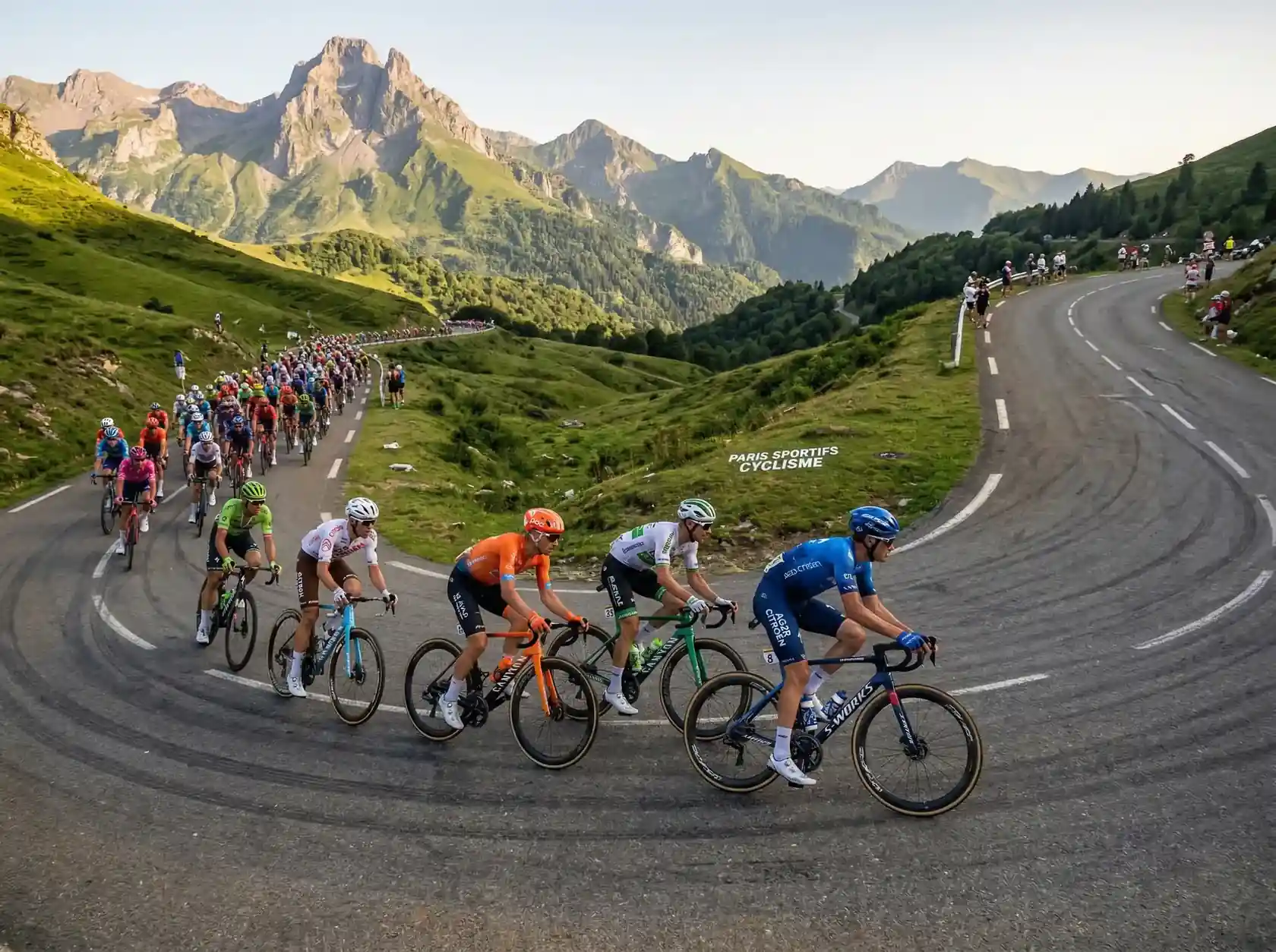Peloton ciclista en una etapa de montana con datos de cuotas superpuestos