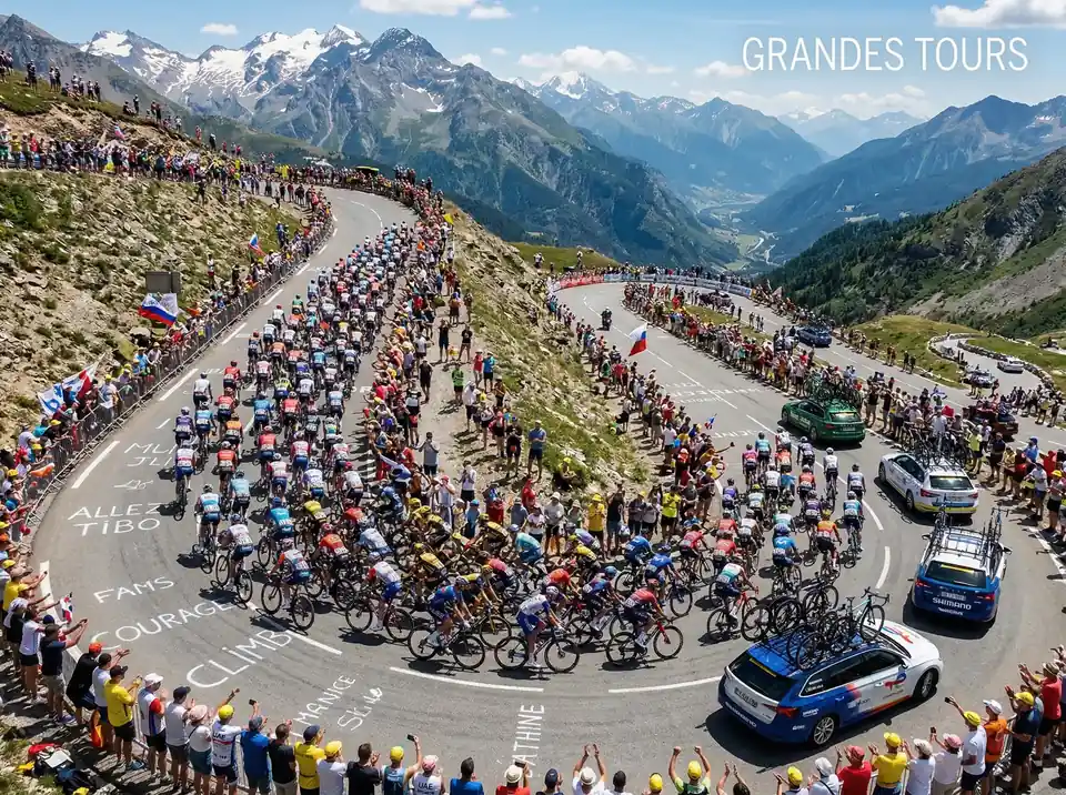 Peloton del Tour de Francia ascendiendo un puerto de montana con espectadores en la carretera